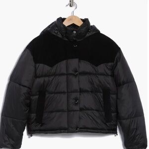 Lucky Brand Corduroy Trim Hooded Crop Puffer Jacket